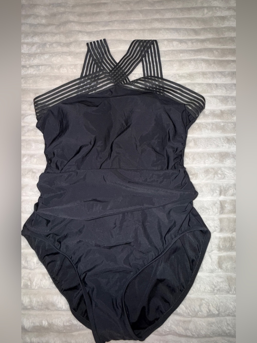 Aqua Green Black Swim Top with Striped Sheer Straps